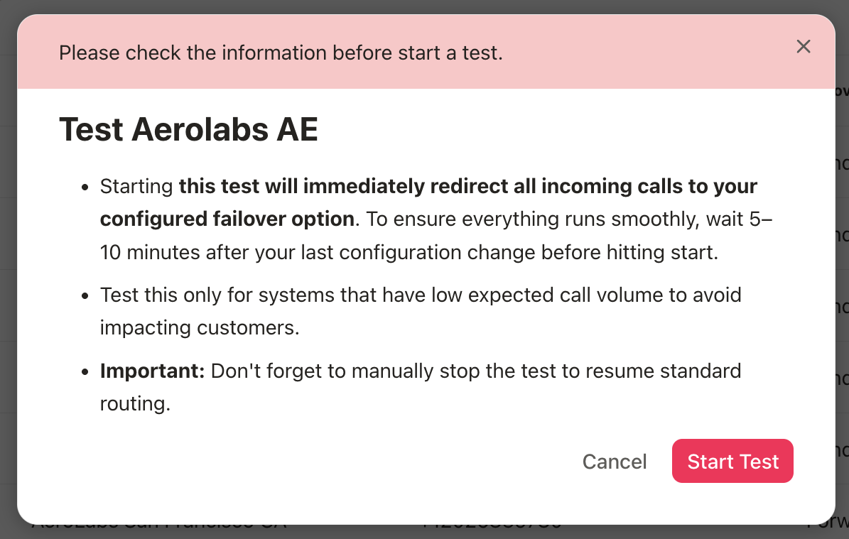 Instructions for testing Aerolabs AE and redirecting incoming calls to failover option.